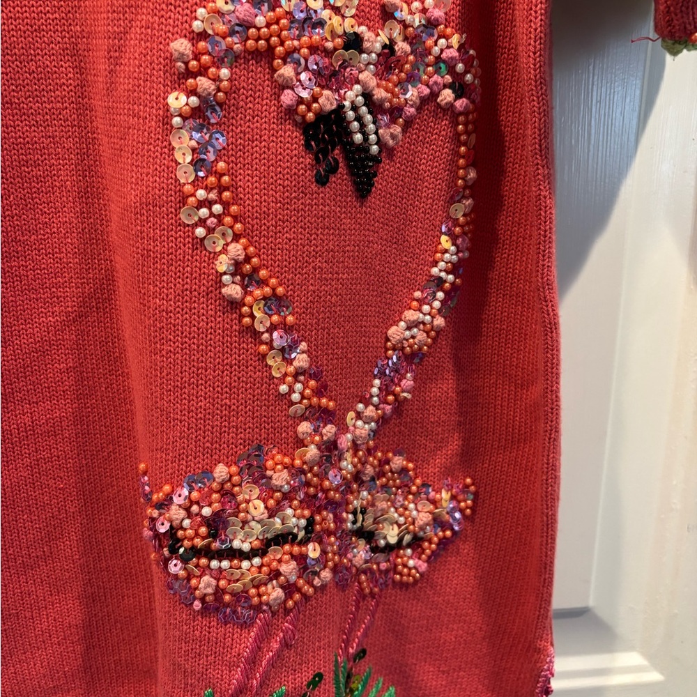 Quacker Factory Coral Knit Sweater with Green Trim and pretty beaded pelicans. L - Picture 3 of 5